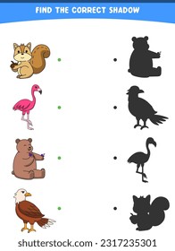 vector illustration finding the correct shadow wild animals squirrel flamingo bear eagle printable