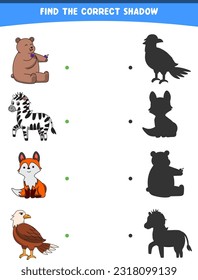 vector illustration finding the correct shadow wild animals bear zebra fox eagle printable