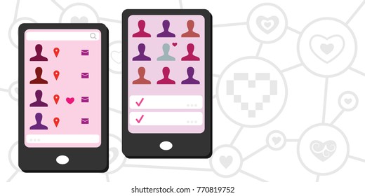 vector illustration of finding dating partner application for mobile phone with hearts symbols in pink colors