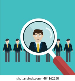 Vector illustration of finding professional staff with magnifying glass.