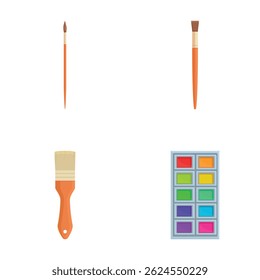 Ilustração vetorial de pincéis finos e planos com uma paleta de aquarela vibrante