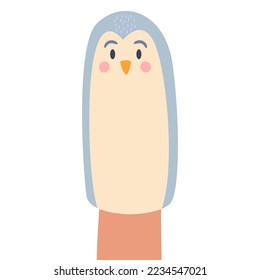 Vector illustration of a finger doll in the form of a penguin. A funny cartoon toy for children's games. Isolated design on a white background.