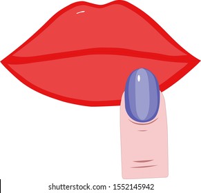 Vector illustration, finger on red lips.In a minimalist, flat style, simple objects on a white background, for the design of sites, pages, brochures, advertising, cosmetics, makeup