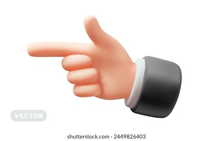 Vector illustration of finger point gesture male hand in sleeve on white color background. 3d style design of man white skin hand point gesture for web, banner, poster, print