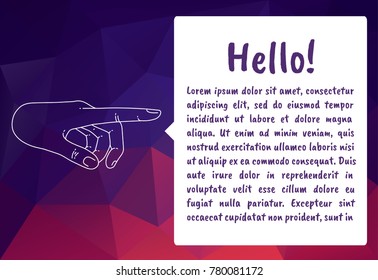 Vector illustration of finger pointing for banner, presentations, banner, workshop or hackathon. The bubble with the text.