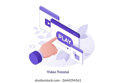 Ilustração vetorial com o dedo pressiona o botão de reprodução na janela do tutorial de vídeo. Conceito educacional para plataformas de aprendizagem online e e-learning.