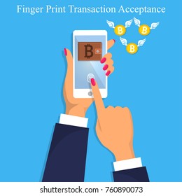 Vector illustration of finger print bitcoin transaction acceptance. Finger print transaction unlock. Mobile or smart phone authorization.Flying bitcoins