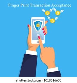 Vector illustration of finger print money transaction acceptance. Finger print transaction unlock. Mobile or smart phone authorization