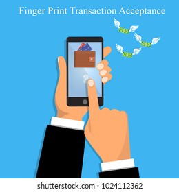 Vector illustration of finger print money trasnaction acceptance. Finger print transaction unlock. Mobile or smart phone authorization in mobile wallet app or internet banking