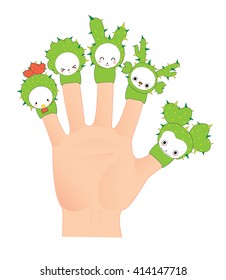 Vector illustration with finger puppets. cactus puppets. On white background.