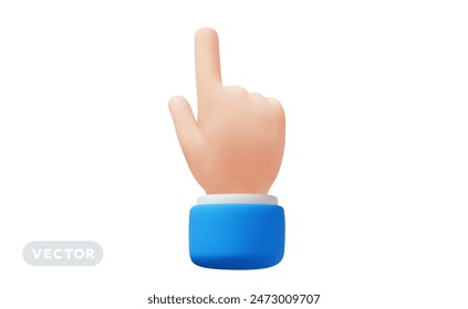 Vector illustration of finger up touch gesture male hand in blue sleeve on white color background. 3d style design of man white skin hand touch gesture for web, banner, poster, print