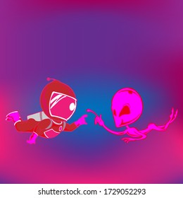 Ilustración vectorial del contacto con dedos de extraterrestres rosados y astronautas sobre fondo holográfico, amistad sin fronteras.