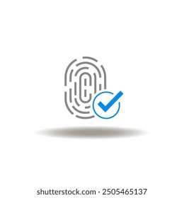 Vector illustration of fingerprint with check mark. Icon of personal id verification success. Symbol of e-KYC. Sign of identity and security.