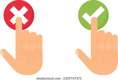 Ilustración vectorial de los dedos que tocan los botones con la marca de verificación y la cruz. Aceptar y negar. Encuesta.