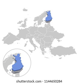 Vector illustration of Finland in blue on the grey model of Europe map with zooming replica of country.