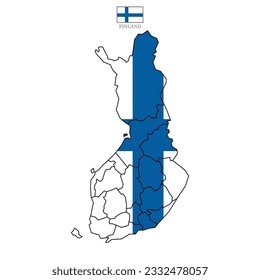 Vector illustration of Finland map overlaid with the national flag, highlighting the country's geographic outline combined with its national colors.