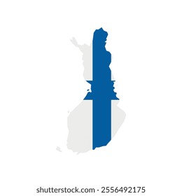 Vector illustration of Finland map overlaid with the national flag, highlighting the country's geographic outline combined with its national colors.