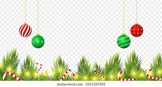 Vector illustration of fir branches with lights and christmas balls border on transparent background
