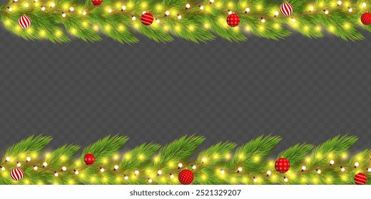 Vektorgrafik von Tannenzweigen mit Lichtern und Weihnachtsbällen auf transparentem Hintergrund