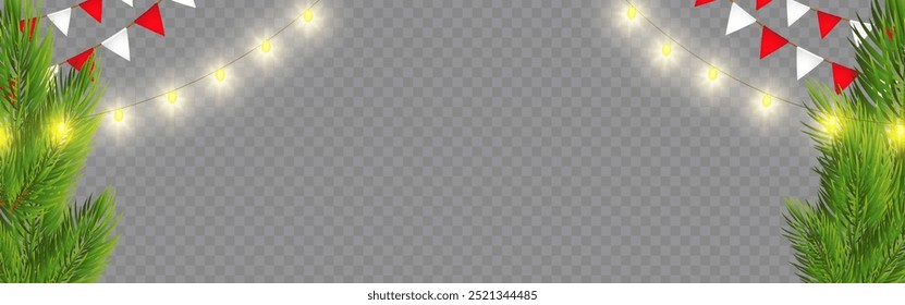 Vector illustration of fir branches with lights and party triangles border on transparent background