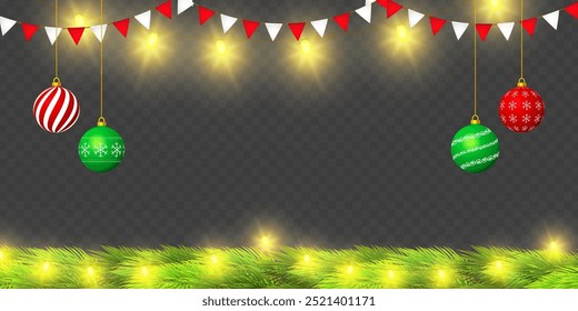 Vector illustration of fir branches with lights and christmas balls border on transparent background