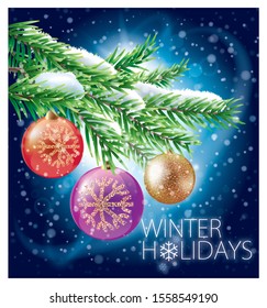 Vector illustration of fir branhces with hanging bright christmas toys and snow on the branches. Snowy evening background, snowflakes, bright lights and rays. Editable EPS file