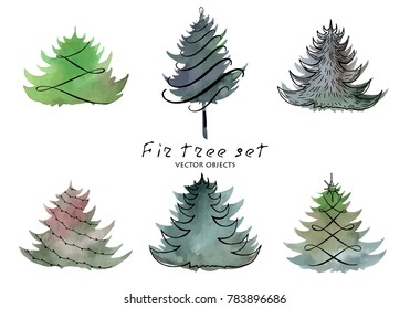 Vector illustration. Fir tree element on watercolor background.