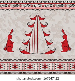 vector illustration of a fir tree and rabbit in the style of Russian folk art with symbols of good luck wishes in red and black color