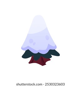 Vector illustration of a fir tree in the snow on an isolated background. Element for creating a game level map. Game interface. Cartoon style. Template for design.