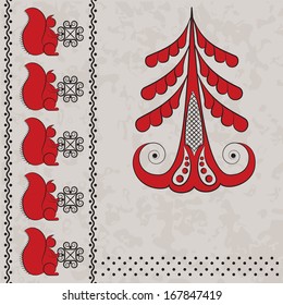 vector illustration of a fir tree and squirrel in the style of Russian folk art with symbols of good luck wishes in red and black color