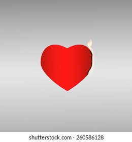 Vector illustration with fire 11 of 12. Burning  red heart on light gray background
