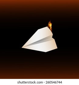 Vector illustration with fire 12 of 12. Burning paper plane on dark background