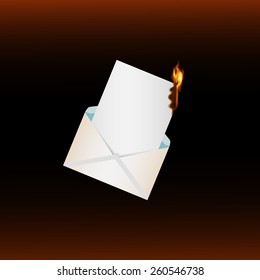 Vector illustration with fire 5 of 12. Burning letter paper  on dark background