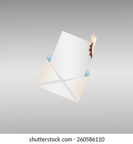 Vector illustration with fire 7 of 12. Burning  letter paper on light gray background