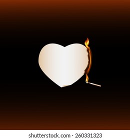 Vector illustration with fire 8 of 12. Burning heart end burning  match on dark background