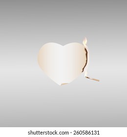 Vector illustration with fire 8 of 12. Burning  paper heart with burning match on light gray background