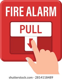 Vector illustration of a fire alarm pull station being activated by hand, representing emergency response, fire safety, evacuation, and building protection. Ideal for safety manuals, instructional materials, emergency signage, workplace training, mobile apps, and public awareness graphics.