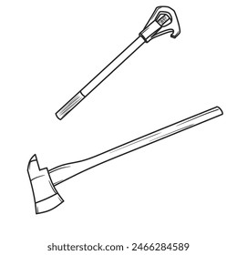 Vector illustration Fire axe and Fire hydrant wrench hand drawn sketch Fireman equipment line art,side view, isolated on white background, For kids coloring book or science illustration.