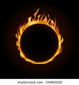 Vector illustration. Fire burning circle on a black background. Design for poster, banner, invitation.