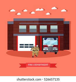 Vector illustration of Fire department in flat style. Running firefighters and fire truck. Firemen in uniform. Rescue service.