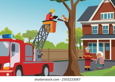 A vector illustration of Fire Department Helping Grandma Rescue Her Cat From Tree