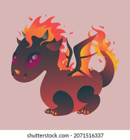 Vector illustration of a fire dragon. Idea for postcards, stickers, T-shirts, invitations, children's books, souvenirs, decoration and paper products.  A dark dragon with a fire tail, mane and thorns.