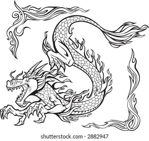 Vector Illustration of a Fire Dragon with Tribal Borders