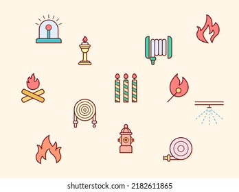 Vector illustration of a fire elements. Contains such as candle, disaster, fireplace, firefighter, hydrant, safety, light and more. Flat illustration style line drawing and background