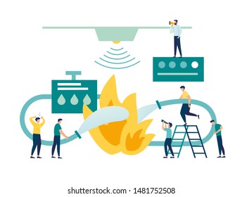 vector illustration, fire emergency concept with fireman in action, little men put out the fire