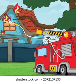 
Vector illustration of a fire engine, a fire engine, extinguishing a house fire 