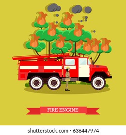 Vector illustration of fire engine. Fire truck and firefighter in fire protection suit and helmet design element in flat style.
