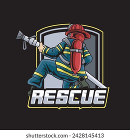 Ilustración vectorial Bombero que lleva una manguera de fuego con el texto RESCUE Esport Logo