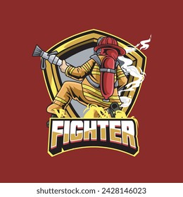 Ilustración vectorial de bombero que lleva una manguera de fuego con el texto de FIGHTER Esport Logo