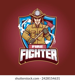 Vector Illustration Fire Fighter Carrying Axe with FIRE FIGHTER text Esport Logo